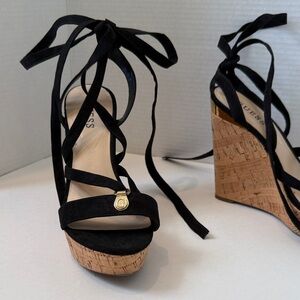 GUESS Black Gladiator Wedges with Cork Platform NWOT